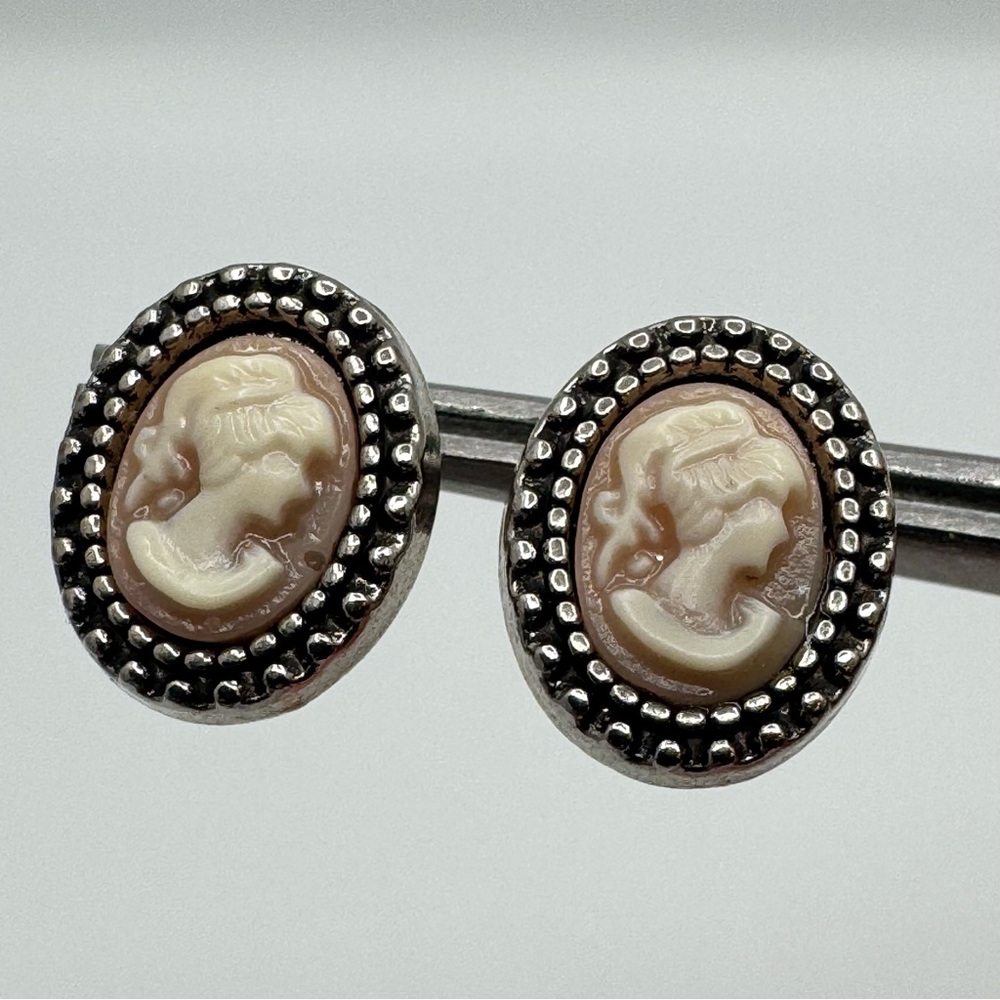 Cameo Style Stud Earrings Silver Tone Vintage Inspired Dainty